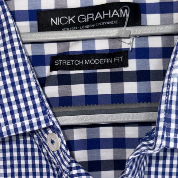 Nick Graham Dress Shirt Stretch Modern Fit Blue Plaid w/Tie 16 16 1/2 32-33 Lg - Picture 5 of 10